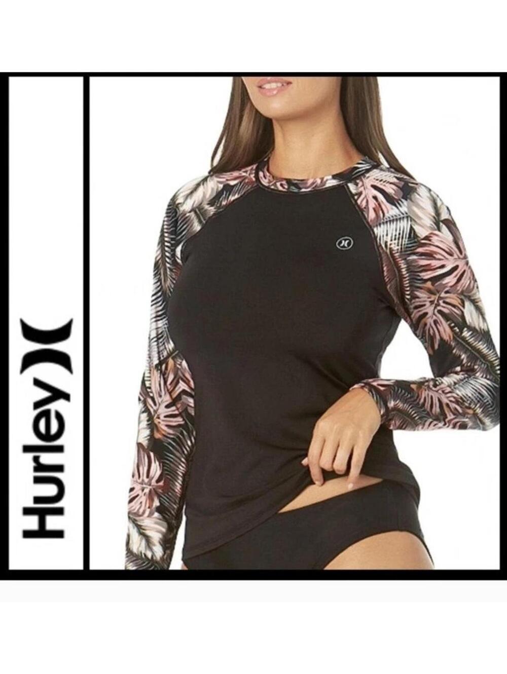 Hurley Long Sleeve Black Scat Palm Swim Sun Rash Shirt UPF 50+ Womens Sz L